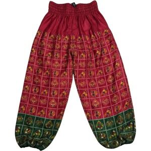 Wild Child Red Green Sheer Harem Pants Smocked Waist Boho Festival Bird Print
